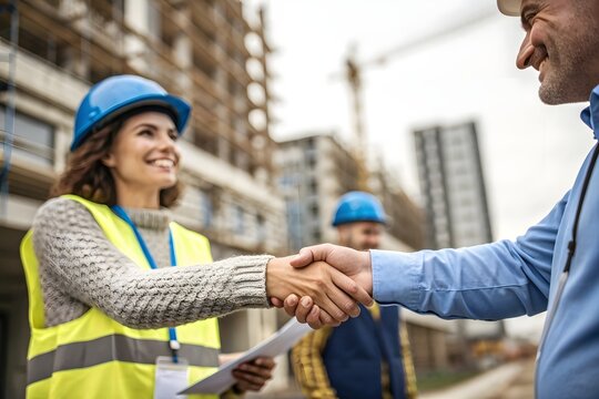Smiling female architect shaking hands with a contractor at construction site - Powered by Adobe