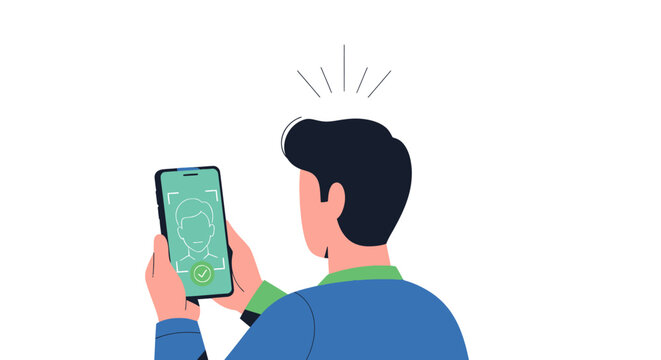 Man using facial recognition on smartphone for secure access and identification