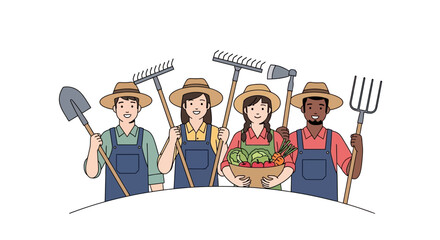 Diverse farmers proudly holding gardening tools and fresh produce, celebrating agriculture and healthy living