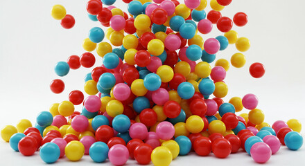 Colorful plastic balls falling onto a bright white surface in mid-air.	