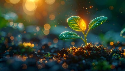 Sprouting green leaves and foliage of a plant floating on water, symbolizing growth and life in nature