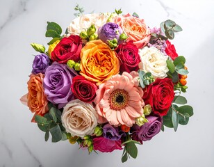 Floral Arrangement of Roses and Gerberas on a White Marble Background in Warm Light
