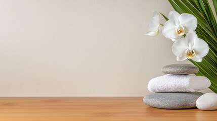 Relaxing spa treatment setup with towels and rocks, complemented by a backdrop of elegant white orchids on a serene wooden table