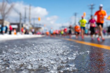Obraz premium Runners at New Year marathon start line on snowy street, winter sports event