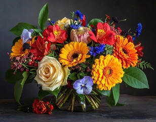 Floral Arrangement of Vibrant Orange Yellow and Red Gerbera Daisies with Lush Green Leaves in Glass Vase on Dark Background