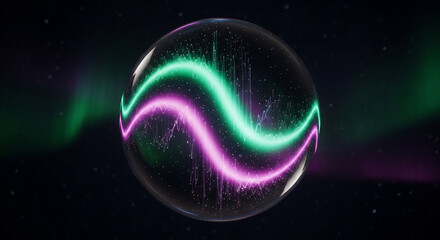 Futuristic orb illustration with neon light trails. Ideal for technology, science, or gaming-themed designs. Great for digital art, wallpapers, or modern backgrounds.