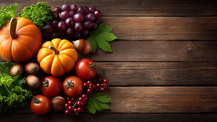 Autumn harvest with pumpkins, tomatoes, grapes, nuts, and leafy greens arranged on rustic wooden background for festive mood