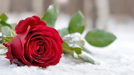 Beautiful Deep Red Rose Blooming Against a Soft White Snowy Background in a Winter Wonderland Scene