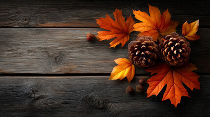 Autumn leaves and pine cone on rustic wooden surface create warm seasonal atmosphere with natural textures and vibrant fall colors