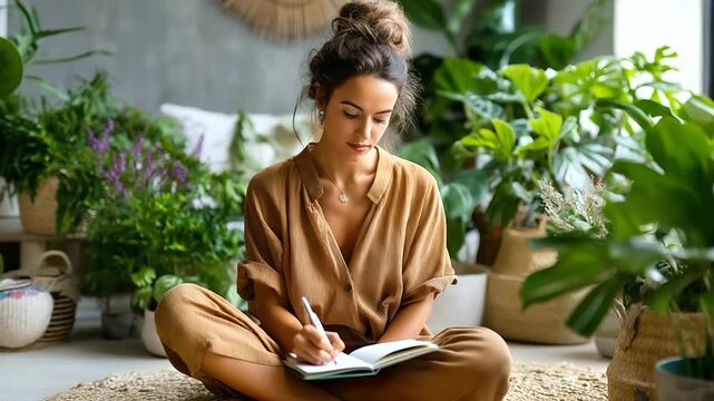 Asian woman sitting cross-legged on rug near plants, journaling in notebook, minimal living room, calm focus, mindfulness writing, mindful home design, green interior, creative sel