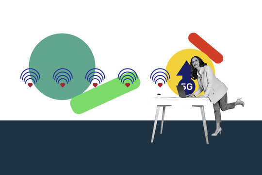 Composite trend artwork 3D sketch image photo collage of 5g internet online remote signal service office aged lady work laptop stand table