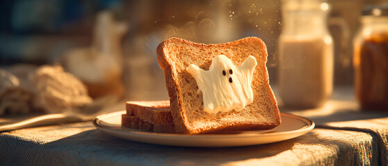 halloween breakfast: toast with scary ghost shape slice of cheese in cozy, sunlighted kitchen interior