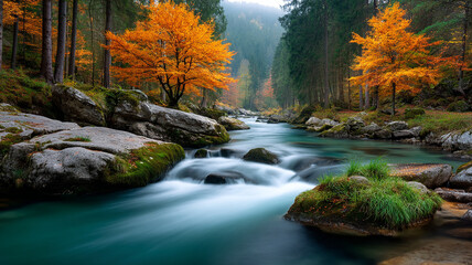 Scenic river flowing through colorful autumn forest with vibrant orange trees and moss covered rocks creating peaceful natural landscape