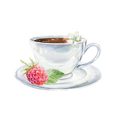 Cup of tea with a raspberry and a green leaf on a saucer. Hand drawn watercolor botanical illustration of ripe berries. Vibrant clip art for postcards, tea labels and menu design.
