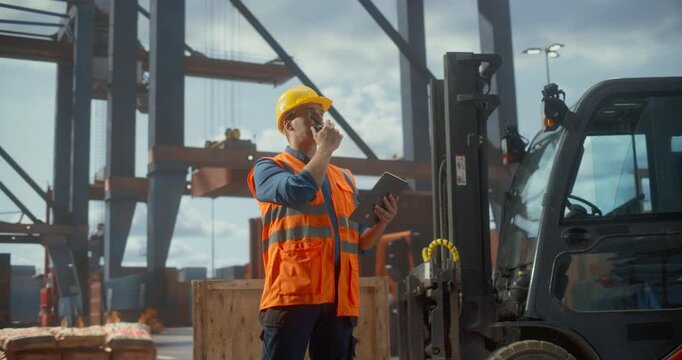 Longshoreman in Safety Vest and Helmet Uses a Tablet to Manage Cargo Logistics at a Busy Port Terminal. Cranes Lift Containers,  Maritime Operations and Trade, Shipment Commercial Product Order