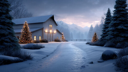 Snowy winter scene with Christmas lights on trees near cozy barn surrounded by snow covered pine trees and mountains