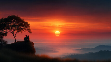 Silhouetted couple sitting on hilltop watching vibrant orange sunset with misty mountains and tree nearby creating romantic mood