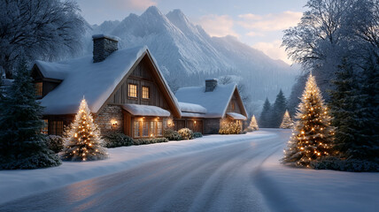 Snowy winter scene with cozy wooden houses and Christmas trees decorated with warm glowing lights under mountain sky