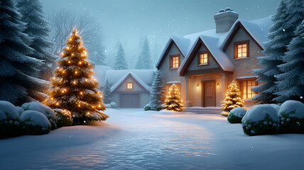 Snowy winter scene with cozy house and glowing Christmas trees surrounded by snow covered pine trees under starry sky