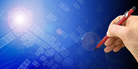 Engineer drawing an imaginary cadastral map of territory with buildings, fields, roads and land...
