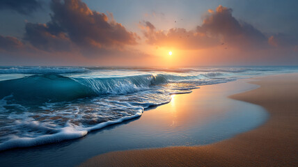 Sunset ocean wave rolling onto sandy beach with soft clouds and birds flying, creating peaceful and warm coastal atmosphere