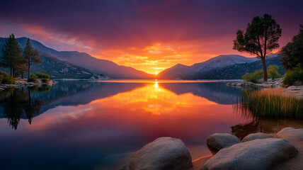 Sunset behind mountains with colorful sky reflecting on lake, calm water, peaceful nature scene with trees and rocks