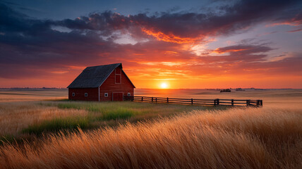 Sunset over farmland with silhouetted barn and fence under dramatic colorful sky creating peaceful rural scene