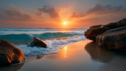 Sunset over rocky beach with waves gently hitting shore and warm sunlight reflecting on wet sand creating peaceful mood