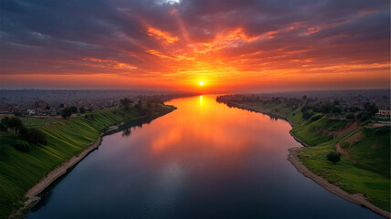 Sunset over river with vibrant orange sky reflecting on calm water and green riverbanks under dramatic clouds