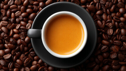 Top view of espresso cup surrounded by roasted coffee bean with rich crema on black saucer, warm and inviting coffee aroma