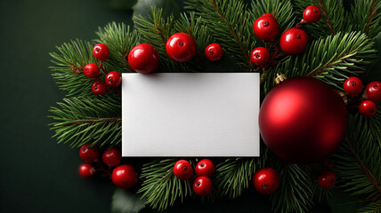 Blank Christmas card with pine branches and red berries on dark background, festive holiday decoration with joyful atmosphere