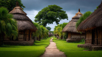 Traditional village with thatched roof huts and lush green palm trees under cloudy sky, creating peaceful and natural atmosphere