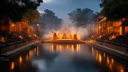 Traditional outdoor stage with fire and smoke effects during evening cultural performance by water with audience seating on both sides