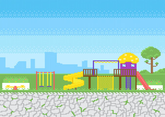 Playground with slide and swing, seesaw in pixel game on city background.