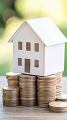 A white model house resting on a stack of coins symbolizes financial investment and homeownership in a vibrant green setting