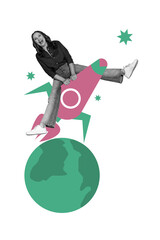Vertical collage mature woman ride rocket space launch galaxy planet stars exploration discovery constellation leadership