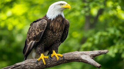 Obraz premium A regal bald eagle sits proudly on a branch, its piercing eyes and majestic plumage highlighted by the sunlight
