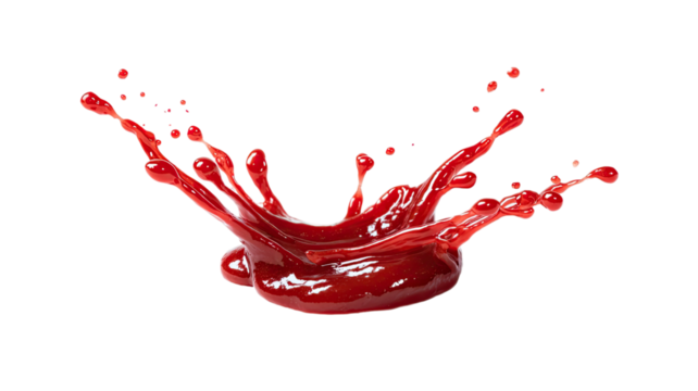 Ketchup splash in mid air creating dynamic red liquid motion and food condiment explosion isolated on white background