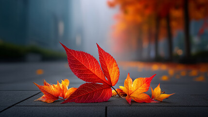 Vibrant red and orange autumn leaves on city sidewalk with blurred trees in background creating warm and peaceful fall atmosphere