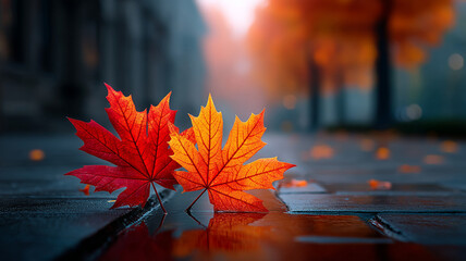 Vibrant red and orange autumn leaves on wet city sidewalk with blurred background and warm glowing light creating peaceful mood