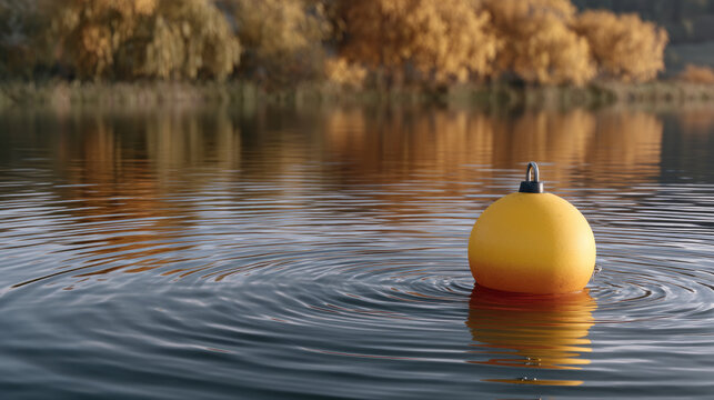 Yellow buoy floating on calm lake water with golden autumn trees reflecting, peaceful and serene outdoor scene