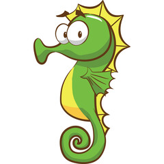 Cartoon Green Seahorse with Yellow Spikes on Fins and Dorsal Fin on Transparent Background