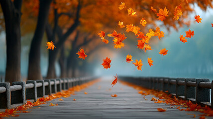 Wind blowing colorful autumn leaves across park walkway with wooden railing and trees in soft focus background