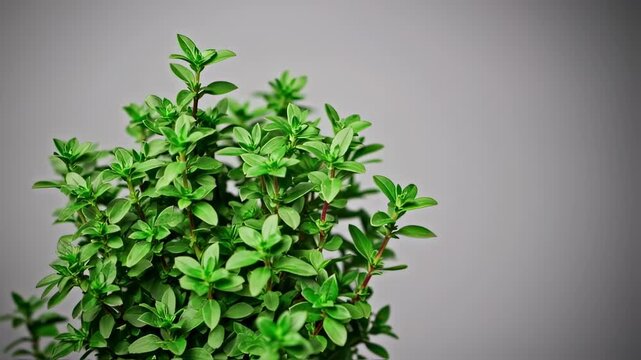Lush green herb bush with small, bright leaves against a smooth, neutral-toned background