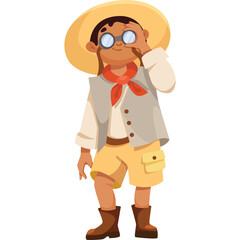 Cartoon Explorer Child with Binoculars and Safari Hat Gazing into the Distance on a Transparent Background