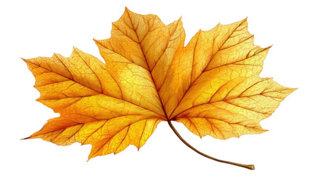 Yellow maple leaf with detailed veins and autumn texture showing seasonal beauty and natural foliage isolated on white background
