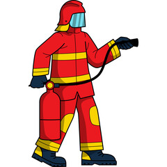 Cartoon Firefighter in Red Protective Suit Holding Hose Ready for Action with Transparent Background