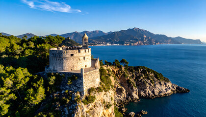 Naklejka premium Historic Fortress Overlooking the Azure Sea and Lush Greenery