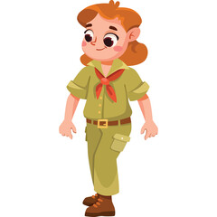 Cartoon Girl Scout Character Wearing Khaki Uniform and Red Scarf Standing Against Transparent Background Ready for Adventure and Outdoor Activities
