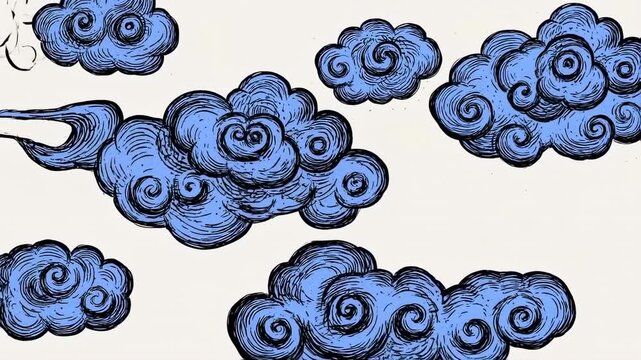 Illustration of stylized clouds, blue on a cream backdrop, rendered in a woodcut or linocut style